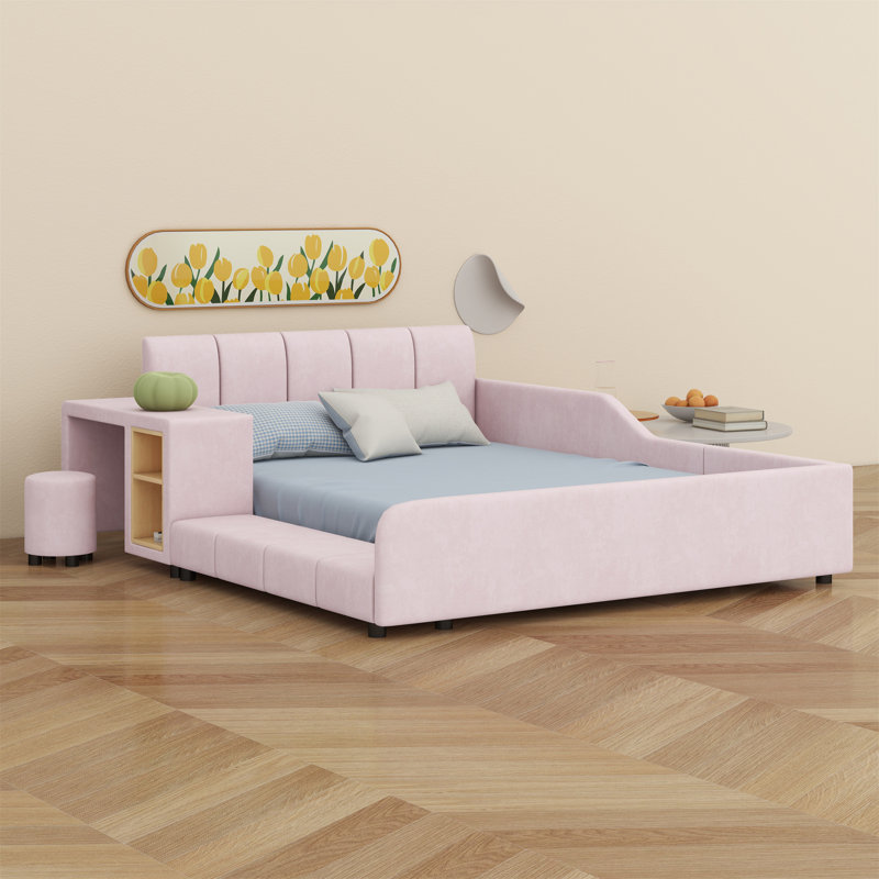 Upholstered Grounded Bed, Child Bed With Bedside Desk And Little Round Stool, Full, Pink