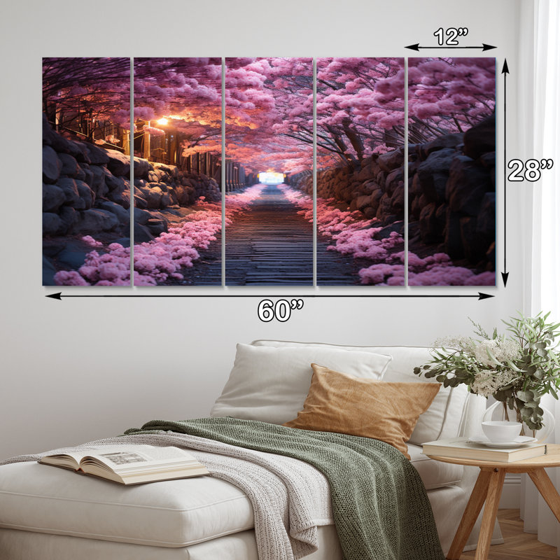 «Pink Tranquil Flowers Twilight», reproduction sur toile florale, 5 panneaux égaux