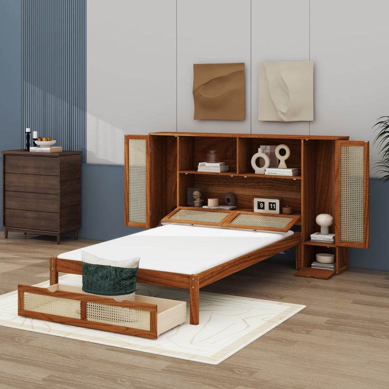Lit simple fonctionnel en bois avec deux tiroirs de rangement et une tablette intégrée dans la tête de lit, Noyer
