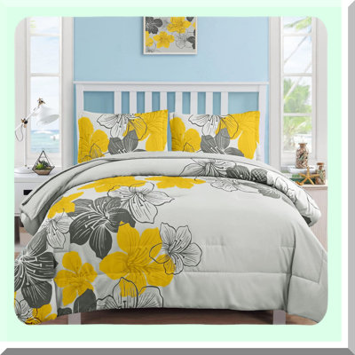 Sunshine Bloom Queen Size Comforter Set - Yellow Floral Print on Light Grey - Soft Microfiber Bedding Bundle with 7 Pieces: Comforter, Shams, Sheets, Pillowcases