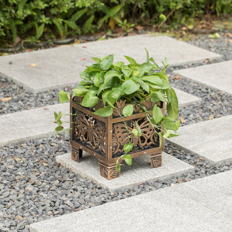 Outdoor Living Butterfly Rectangle Plant Stand, Flower Planting Pot, Brown, 12.50" H x 10.50" W x 10.50" D