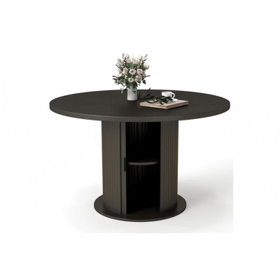 47 Inch Round Dining Table With 2-layer Storage Shelf And Wood Slide Door