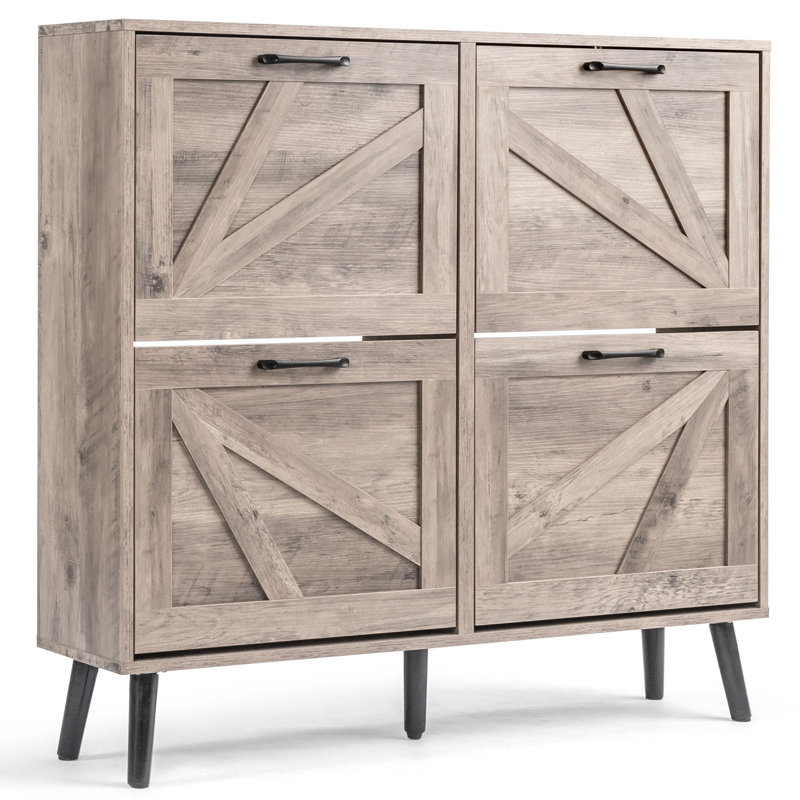 Barn Door 4 Flip Black Handles Glued Particleboard Embossed Natural Legs Shoe Cabinet 41.7In, Washed Grey