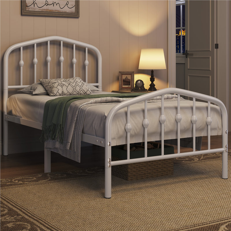 Metal Bed with Arched Headboard and Footboard, White, Single (3')