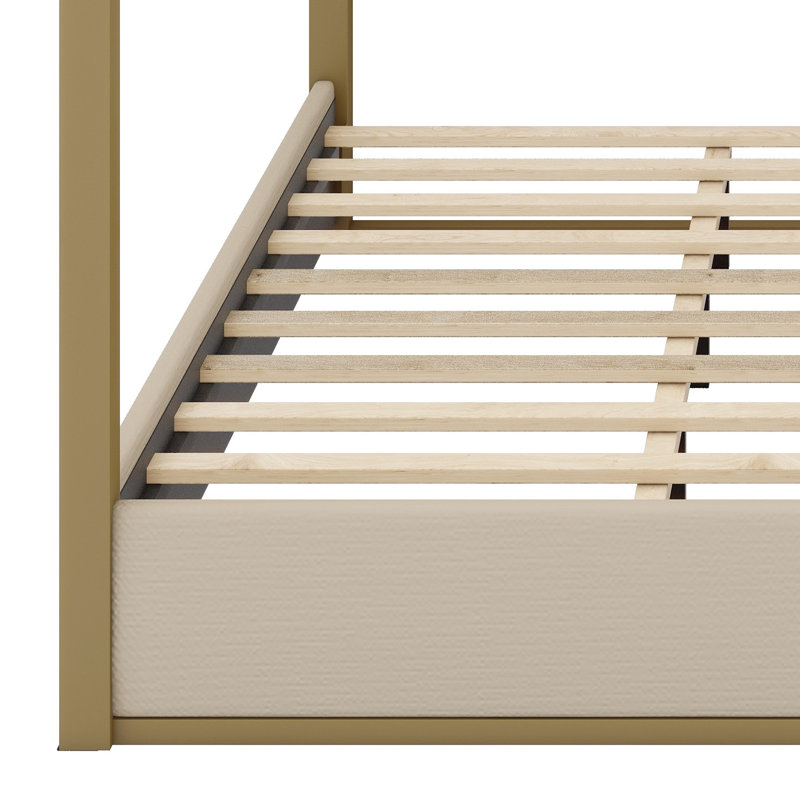 Base de lit à baldaquin contemporaine avec tête de lit coussinée et silhouette épurée, Beige