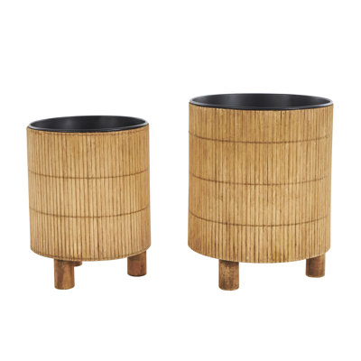 Fincham 2 Piece Bamboo Wood Handmade Indoor Brown Planter with Black Metal Interior Set