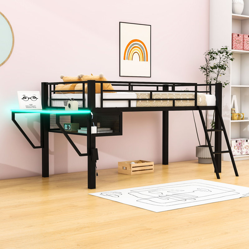 Lit mezzanine en métal avec bureau et DEL, Simple