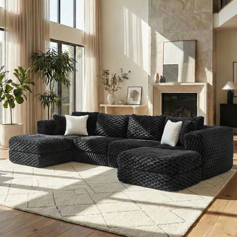Canapé modulaire en forme de U de 135,4 po avec 2 repose-pieds mobiles pour le salon, Noir
