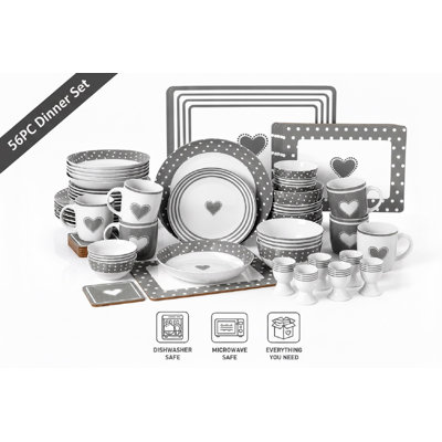 Waterside 56pc Grey Heart Porcelain Combo Dinner Set
