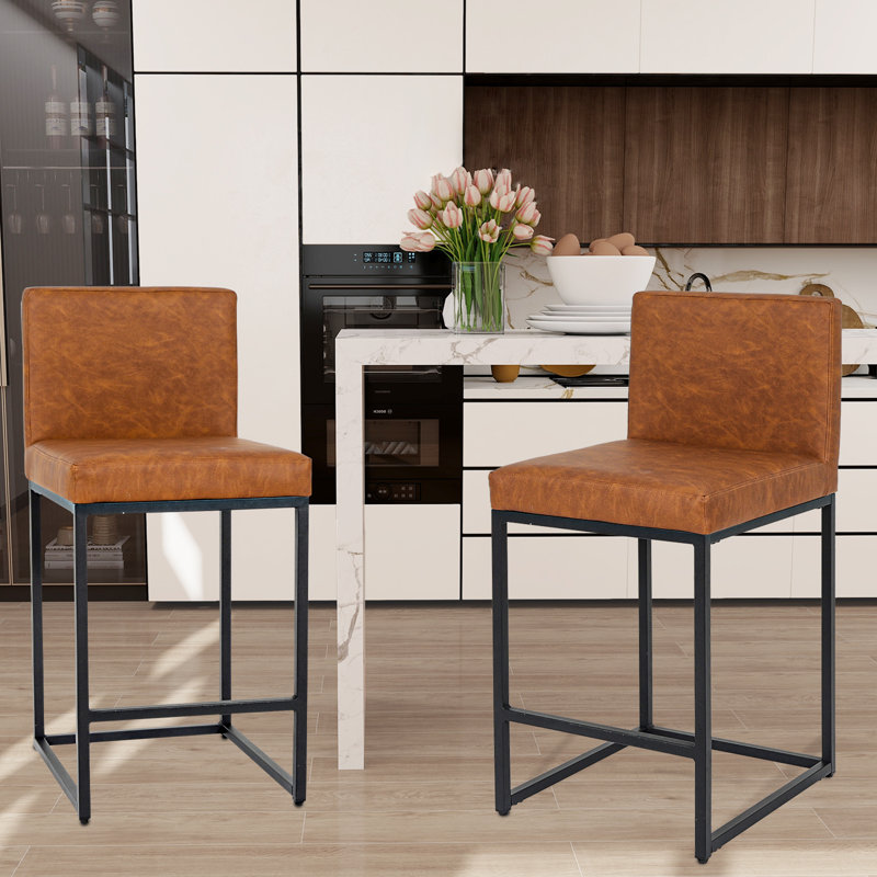 Modern 2 Sets Bar Stools with Back,Upholstered Counter Height Bar Stools with Handle,Vintage Fabric Bar Chairs