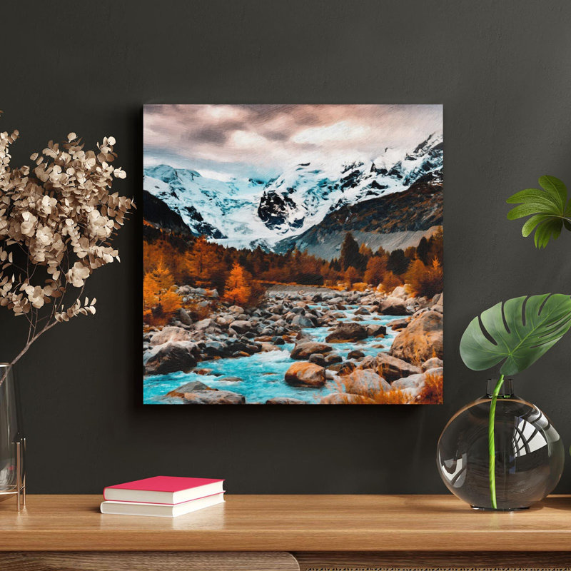 Rivière près des montagnes - 1 pièce, impression carrée sur toile tendue, H 16 po x l 16 po