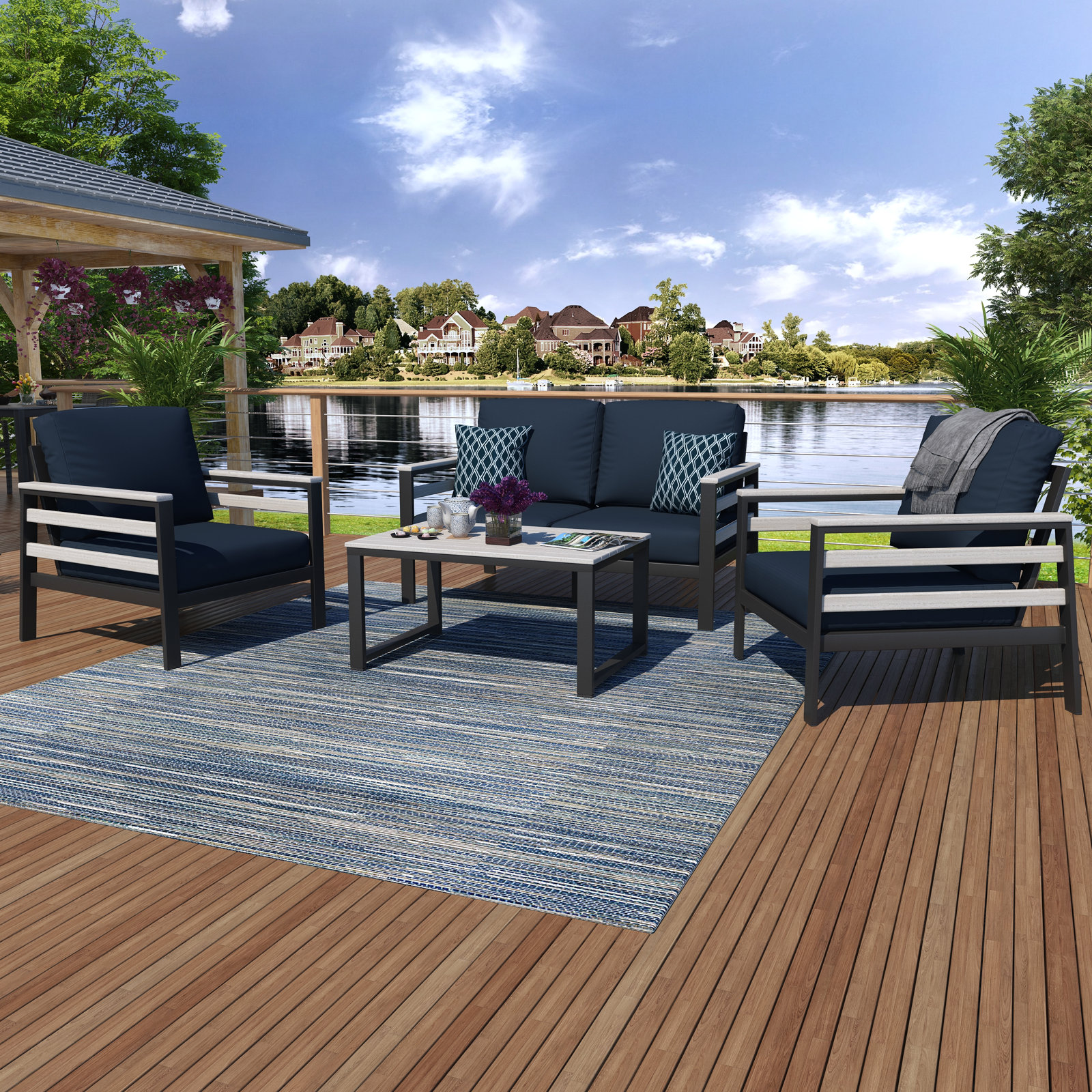 Townsend - Person Patio Conversation Set with Cushions, Canvas Navy Sunbrella® Canvas
