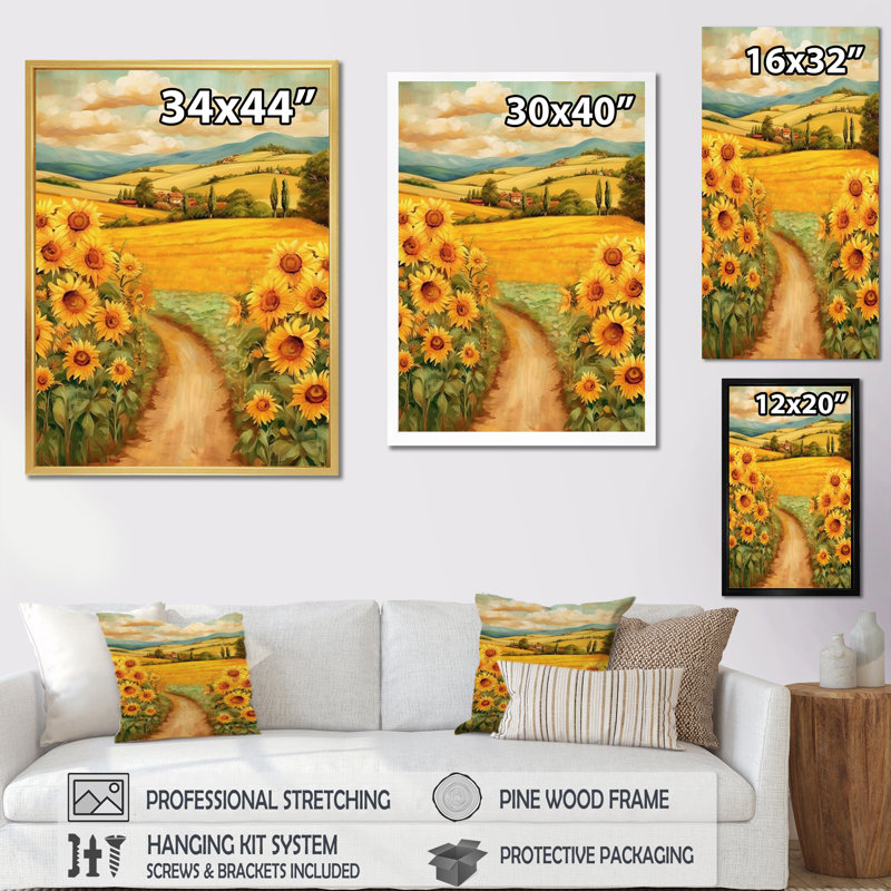 Golden Cheerful Sunflowers II - impressions sur toile florales, H 20 po x l 12 po x P 1 po, Cadre flottant doré