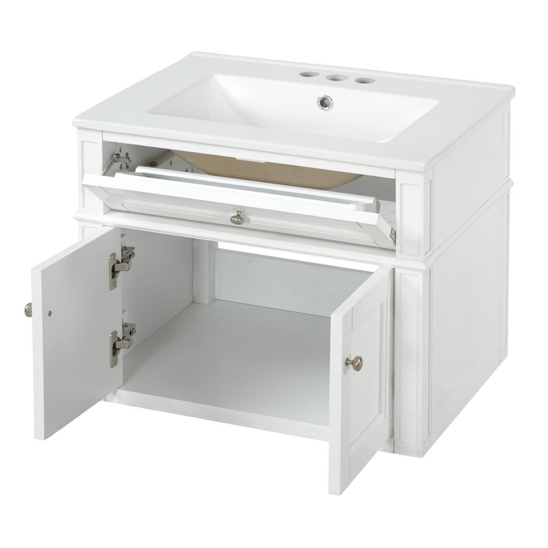 Meuble-lavabo mural de 61 cm (24 po) avec lavabo en céramique, armoire à 2 portes avec tiroir basculant, charnières à fermeture amortie et dos ouvert, noir