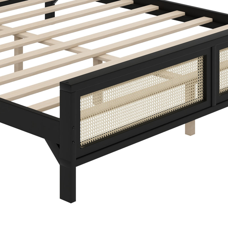 Lit plateforme moderne avec tête de lit en rotin, Black+Beige, Très grand lit