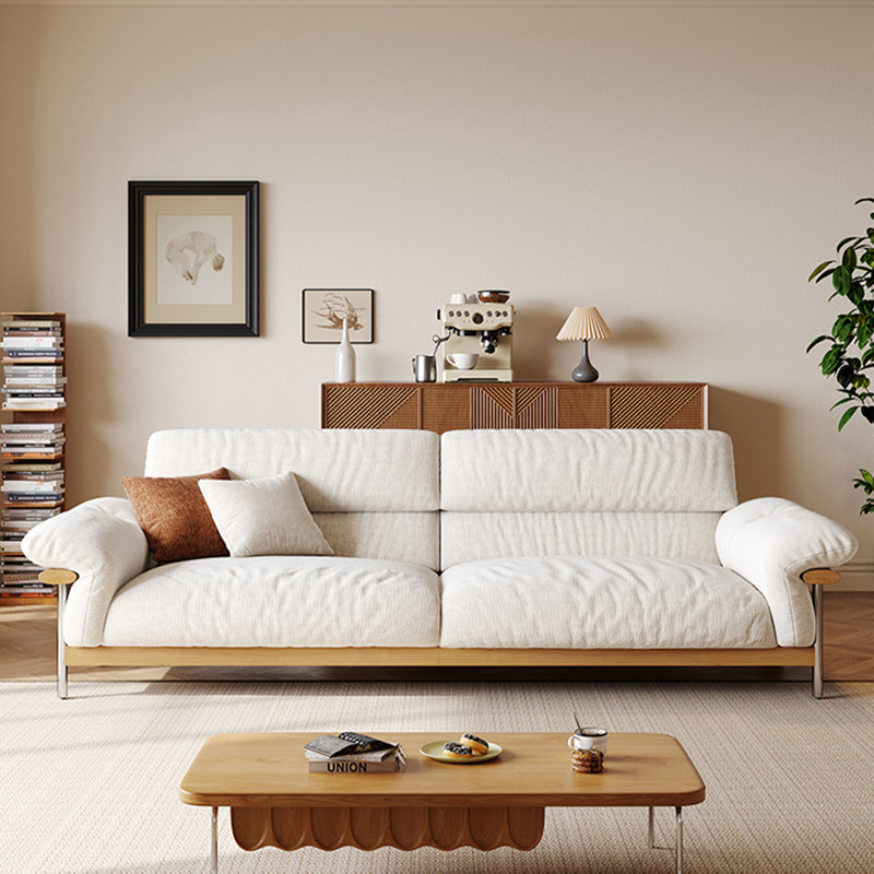 Causeuse 104,43 po en mélange de lin blanc avec coussins décoratifs