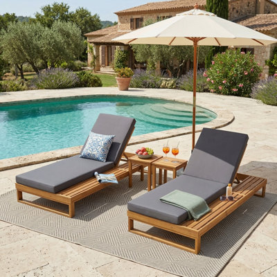 Méridiennes de patio réglables, chaise longue en bois d'acacia pour bord de piscine