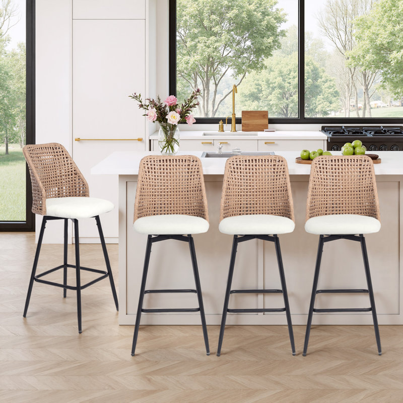 Tabouret de bar pivotant rembourré à dossier plein en rotin beige, Beige