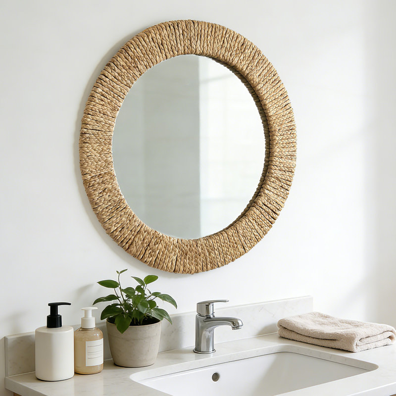 Miroir mural rond tissé à la main, style rustique rustique, idéal pour le salon, la chambre à coucher et la salle de bain