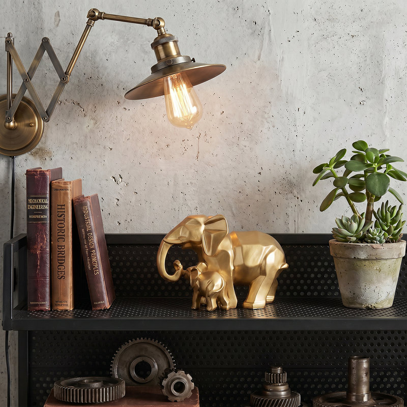 Gold Elephant Figurine with Calf, Geometric Faceted Resin Elephant Statue