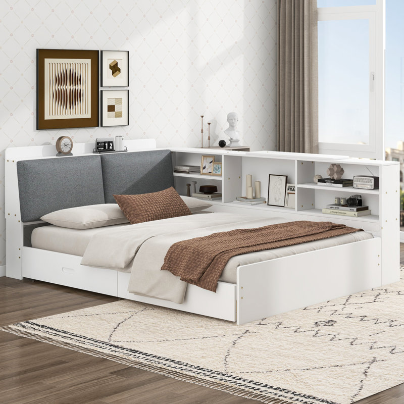 Wood Full Size Platform Bed With Storage Headboard, Shelves And 2 Drawers, White, White, Full
