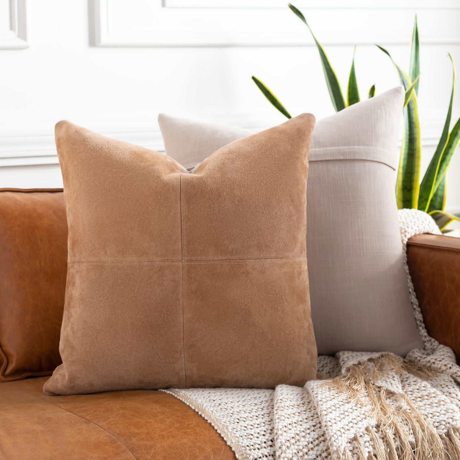 Barina Leather/Suede Pillow Cover, Camel, Down