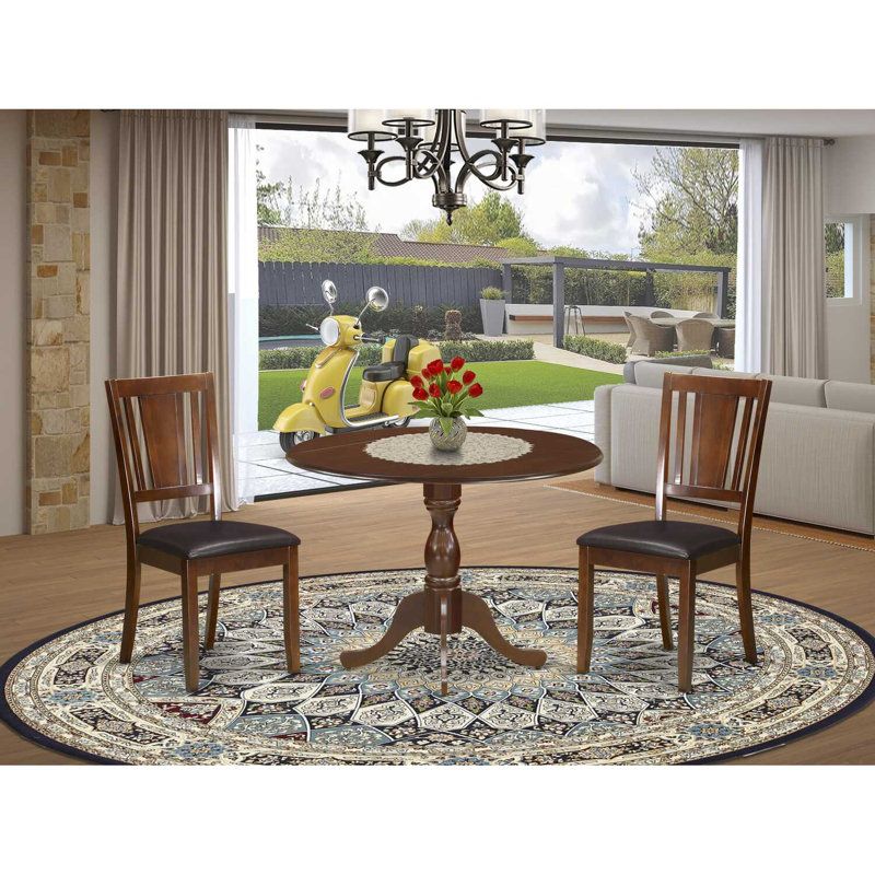 3 Piece Dining Room Table Set Contains a Round Dining Table with Dropleaf and 2 Linen Fabric Upholstered Chairs, 42x42 Inch, Mahogany