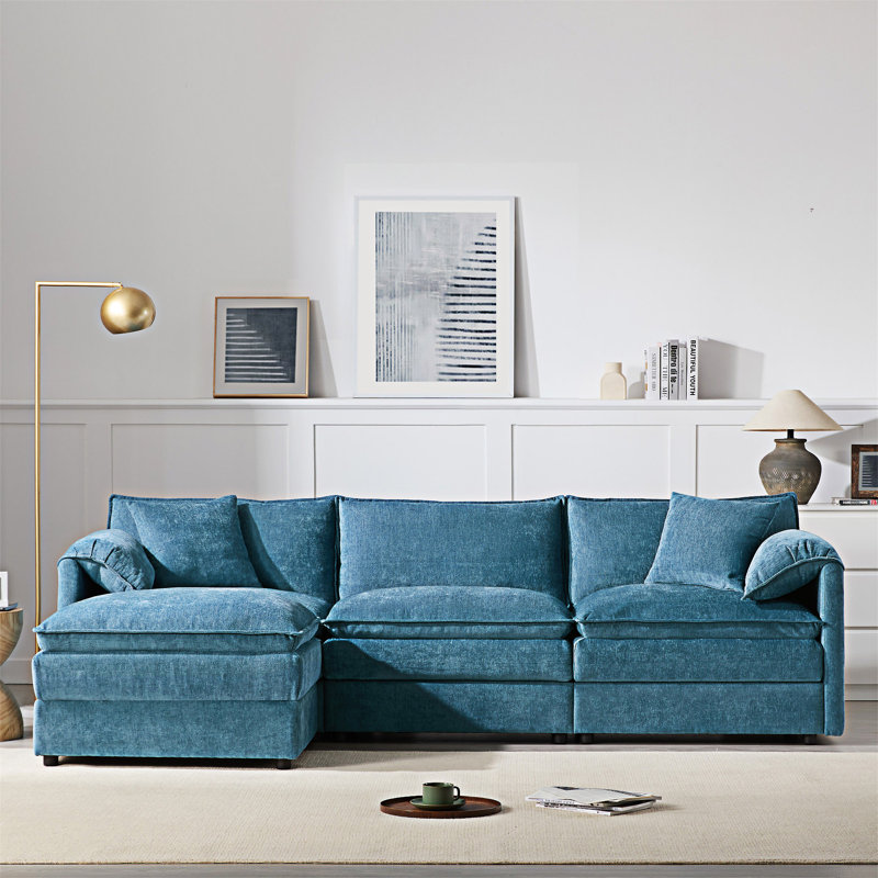 Canapé modulaire modulaire avec repose-pieds mobile, Chenille bleu