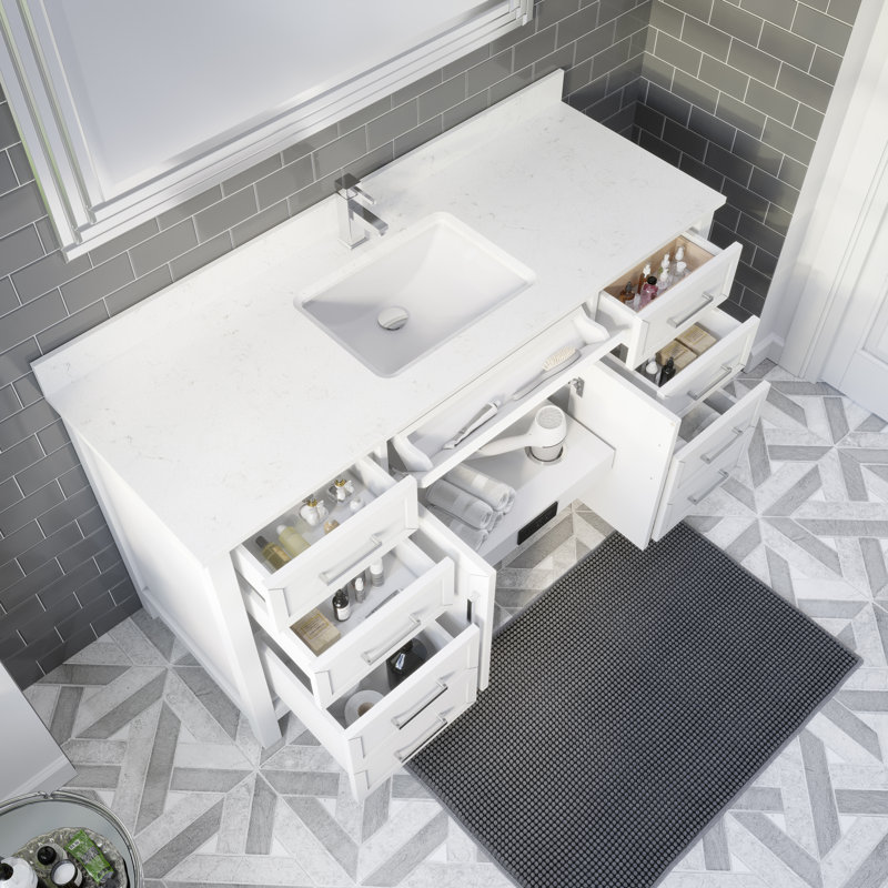Domela 60" W x 22" x 35" H Single Sink Vanity with Power Bar and Drawer Organizer, White