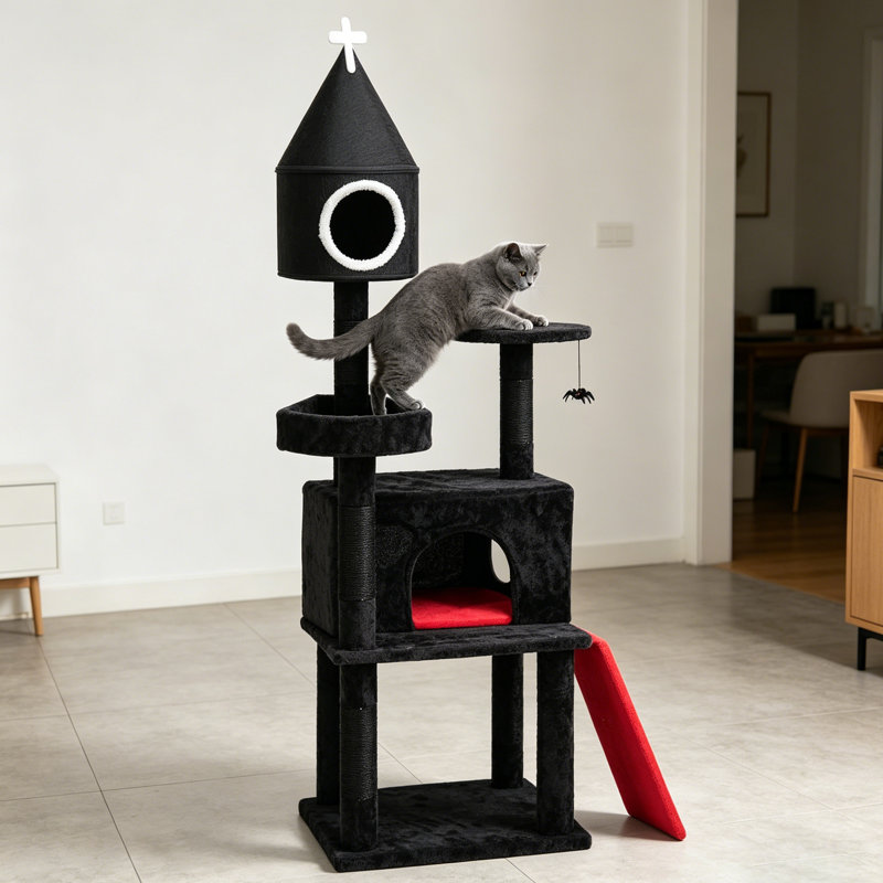 Arbre à chat multifonctionnel pour chats, tour de chat noire 64 po avec condo, plateforme, poteaux à griffer en sisal