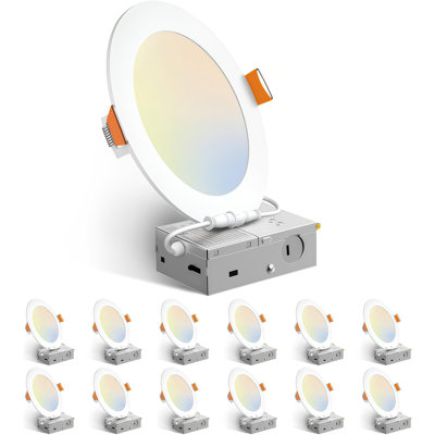 12W 1050LM 5CCT Tunable Thin White LED Recessed Ceiling Light with Junction Box, High CRI RA80, 2700K‑5000K Color Selectable, 5%‑100% Dimmable, ETL IC‑Rated, for Living Room, Kitchen, Bathroom & Office