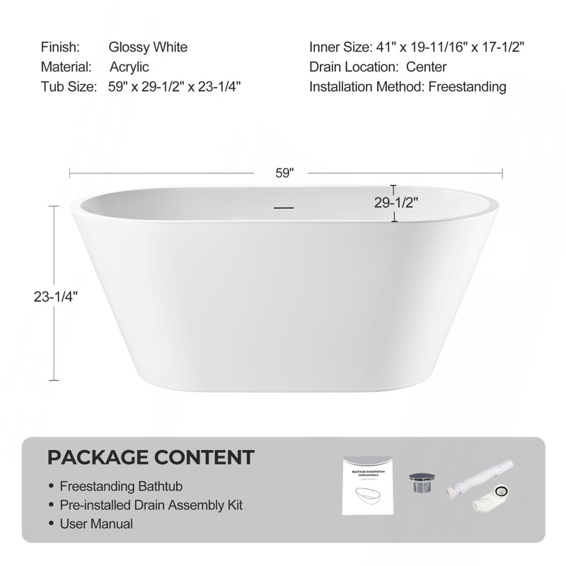 Baignoire autoportante de 60 po en acrylique, baignoire autoportante ovale avec drain chromé Toe-Tap et trop-plein à fente classique, certifié Cupc, blanc brillant 25A02-60
