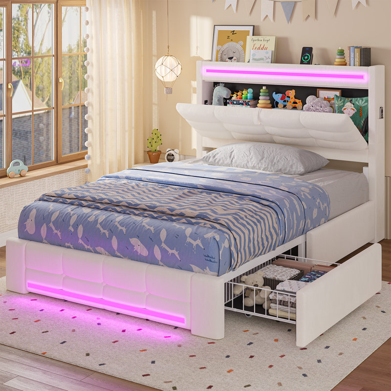 Bed Frames with Storage Headboard & 4 Drawers, LED Bed Frame with Charging Station, Upholstered Platform Bed,No Box Spring Needed
