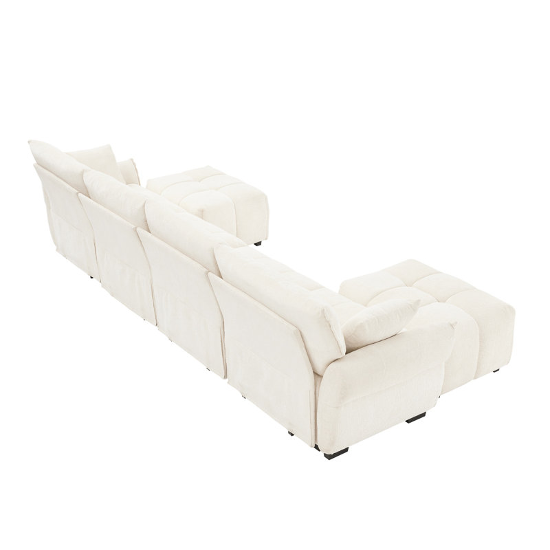 Ensemble de conversation modulaire 4 places avec 2 repose-pieds, salon en chenille de qualité supérieure, 4 places, Blanc