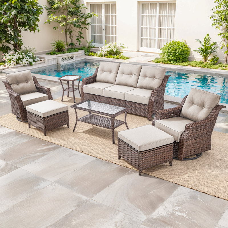 Acton 7 - Pieces Outdoor Rattan Sofa Seating Group With Ottomans And 6" Thick Cushions, Beige