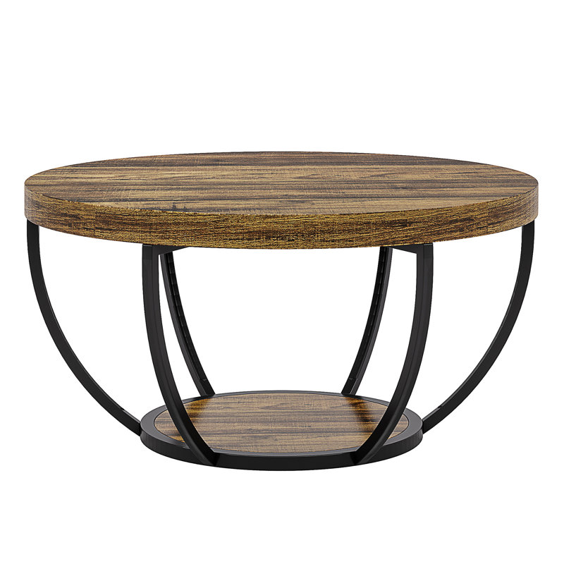 Table basse en bois, table basse ronde à 2 niveaux avec tablettes, Brun rustique / noir, Brun rustique