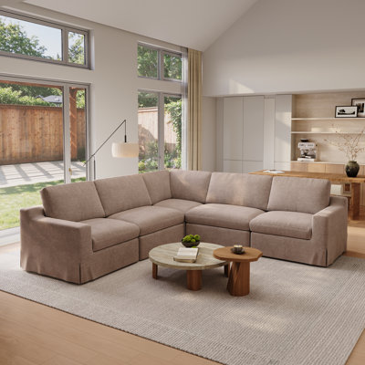 5 Piece V-Shape Upholstered Slipcovered Linen Sectional Sofa
