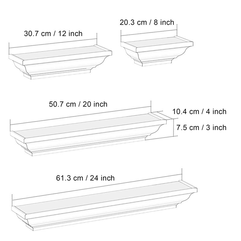 4 Piece Solid Wood Floating Shelf, White