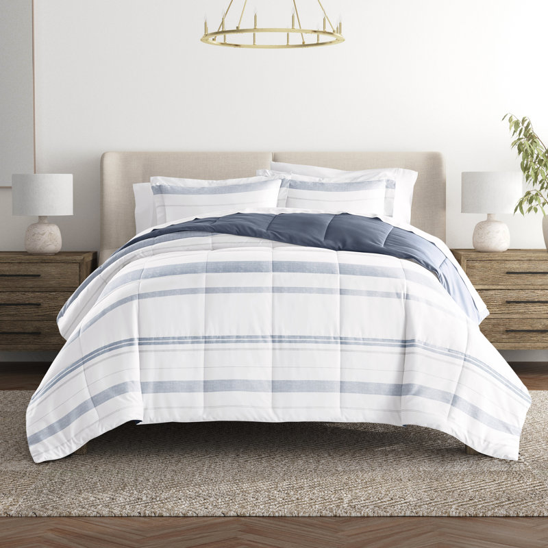 Contemporary Coastal Stripe Down-Alternative Lightweight Comforter Set, Stone, Queen Comforter + 2 Standard Shams