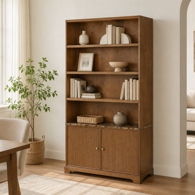 Bibliothèque de rangement de 231,5 cm de hauteur, noyer, 3 tablettes ouvertes, portes doubles cannelées, capacité de charge de 113 kg