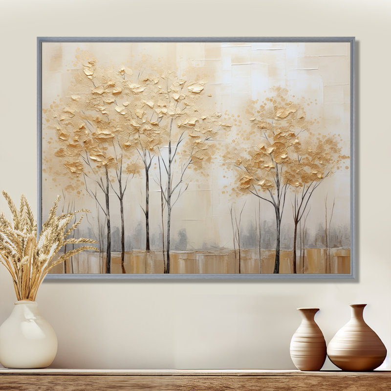Minimalisme Golden Trees Tranquility I - art mural arbres, Encadrement argenté, 30" H x 40" W