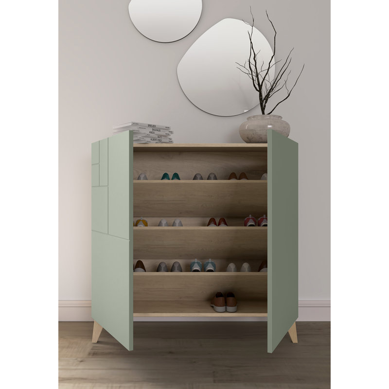 12 Pair Shoe Storage Cabinet, Light Oak/Green