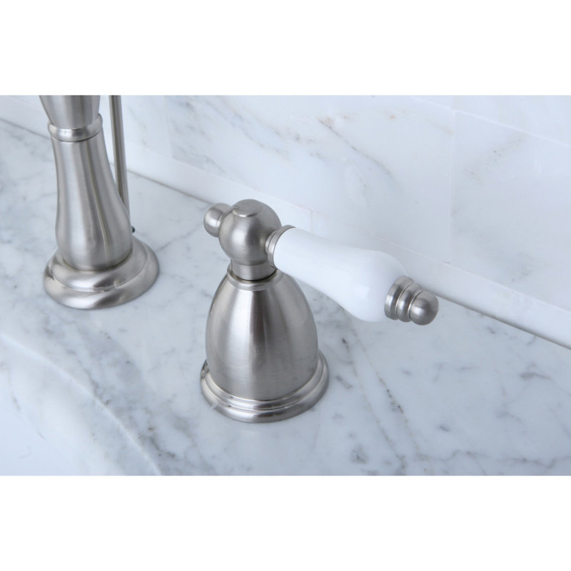 Kingston Brass Heritage Two-Handle 3-Hole Deck Mount Widespread Bathroom Faucet with Pop-Up Drain, Brushed Nickel