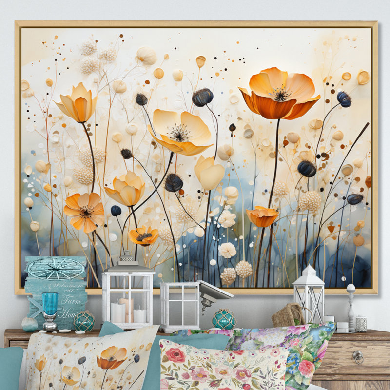 Décoration murale orange et bleu avec sourdine botanique I - Botanicals abstraits, Cadre flottant érable