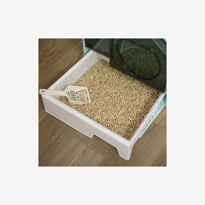 Bac à litière pour chat PawHut avec tapis pour chat, bac à litière avec contrôle des odeurs, tiroir coulissant facile à nettoyer, poignée, pelle, bleu clair