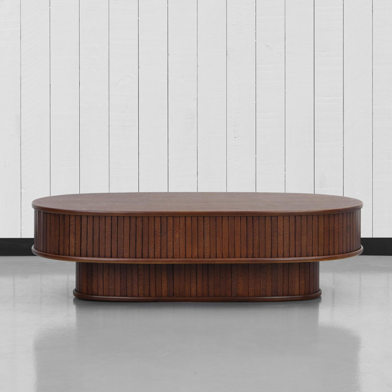 NTC STREAM DOU Coffee Table Modern Double-Layer Oval Wooden Center Table with Vertical Groove Design, Stylish Living Room Decor, Contemporary Minimalist Style for Home and Office, Easy Assembly