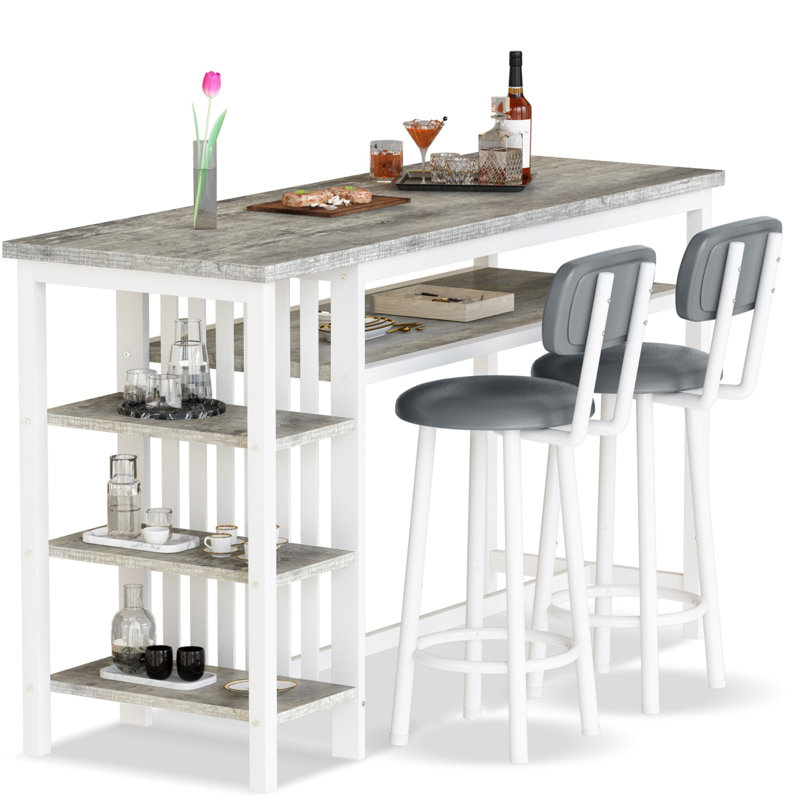 3 Piece Bar Table Set, Kitchen Dining Table Set For 2, Bar Table And Chairs Set With PU Upholstery Stool And 4 Open Storage Shelves, Pub Table Set For Small Space, Grey