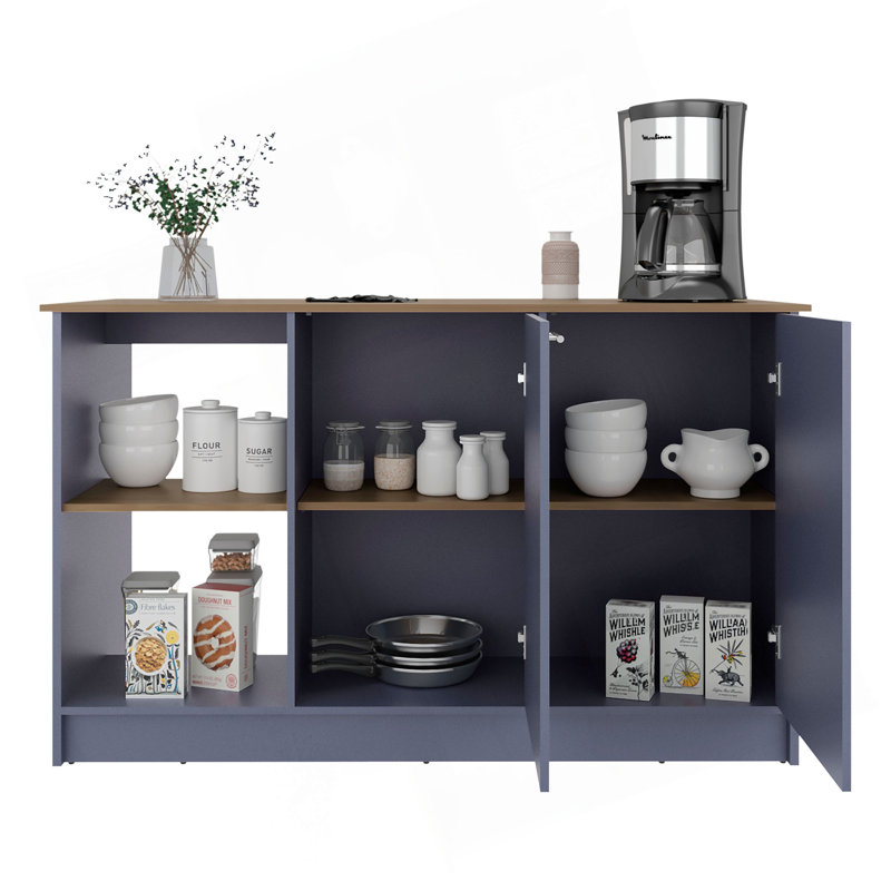 Îlot de cuisine H 35,7 po, 2 portes, 6 tablettes, bleu Alby / chêne naturel - Cuisine, Bleu multi