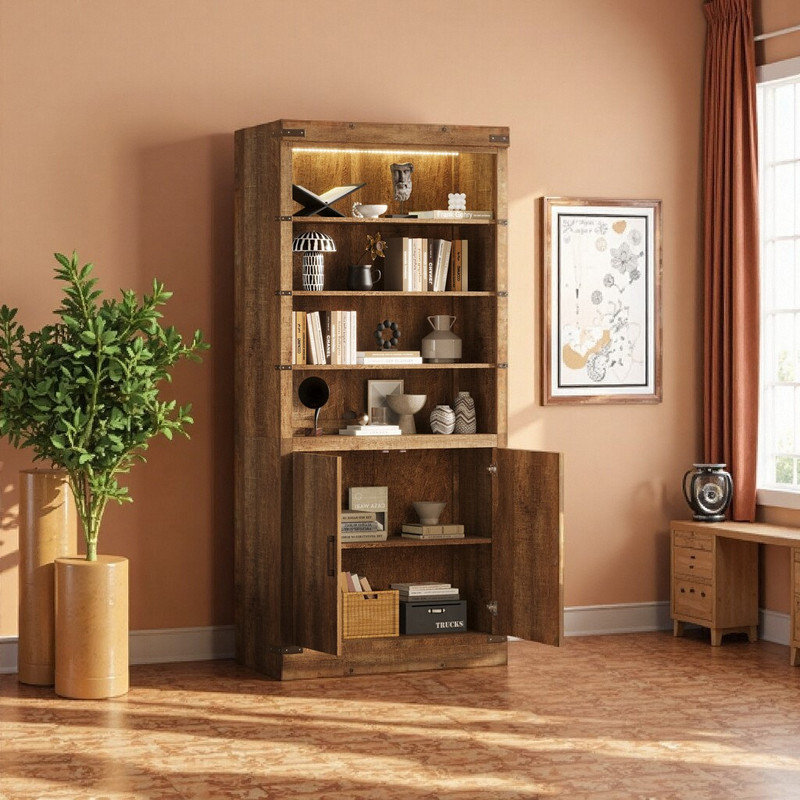 4-Tier Adjustable Bookcase with Doors & Metal Accents – Walnut Finish