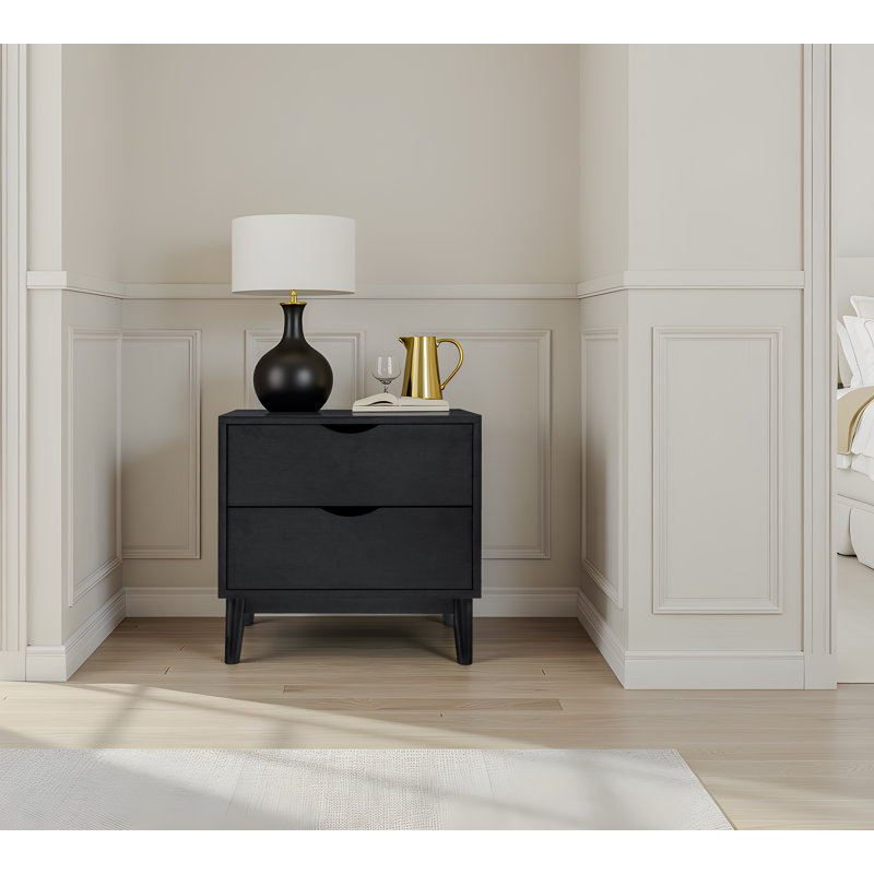 2-drawer Nightstand With Solid Wood Base, Black